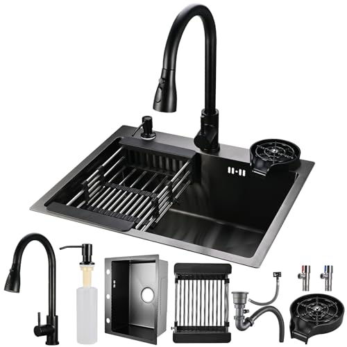 Cieex Evier Multifonction Noir Evier Cuisine Inox Professionnel Évier Simple 55 * 45CM avec Robinet Rétractable Distributeur de Savon Lave-gobelet et Kit de Plomberie Complet