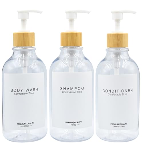 Shampoo and Conditioner Bottles, Apothecary Dispenser Bamboo Pump, Refillable Shampoo Bottles for Shampoo Lotion Oil Shower Soap Hand Soap and Dish Soap, Plastic Clear Set (Clear)