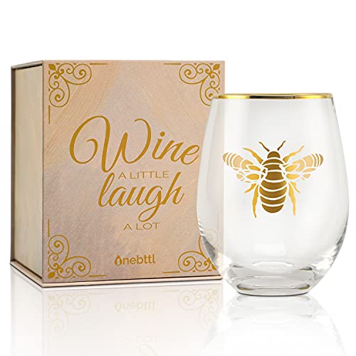 Onebttl Unique Bee Gifts - Ethnic Mandala Bee Stemless Wine Glass, Best for Bee Lovers, Perfect with Red Wine Gin Cocktail Fizzy Drinks - Gold - for Birthday, Celebrations, Housewarming