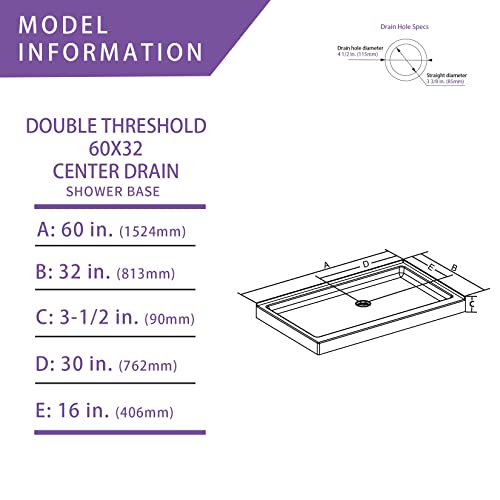 Ckb 60 X 32 Inch Center Drain Double Threshold Shower Base, Flat Surface Shower Pan, Black, Right Side #TOP1