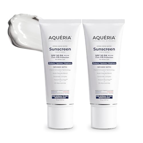 Image of Aqueria Brightening & Moisturizing Multi-Active French Sunscreen SPF 50 PA++++ | In-Vivo /In-Vitro Tested | 5% Niacinamide, 5 Ceramides & Vitamin E | Modern UV Filters | Broad Spectrum UVA /UVB & Blue Light Protection | Lightweight, No White Cast, Sweat Resistant | Suitable for Daily Use | For Normal, Dry & Sensitive Skin | Pack of 2 (30g)
