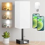 Aooshine Bedside Lamp, Table Lamp for Bedroom, Lamp with USB C+A Charging Ports, Small Bedroom Lamp with 3-Color Modes with Pull Chain, Bedroom Lamp with White Fabric Shade(LED Bulb Included)