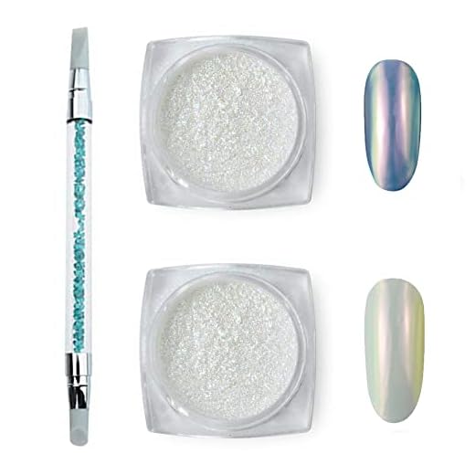 MEILINDS Unicorn Chrome Nail Powder, Aurora Nail Powders Mermaid Chrome Nail Powder,Opal Iridescent Mica Powder for Nails, Magic Chrome Nail Art Pigment with Silicone Brush (2 Boxes)