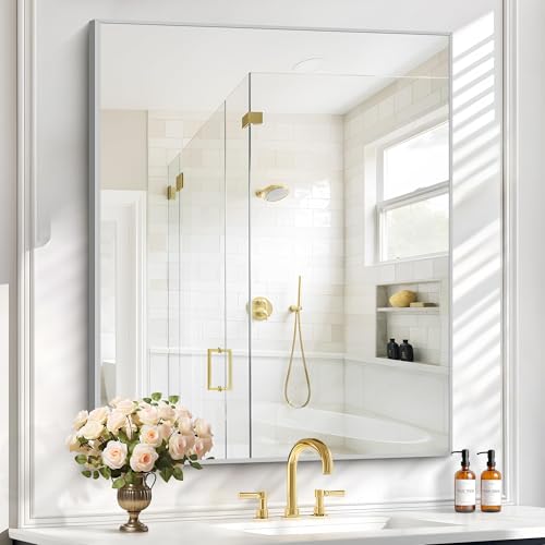 Image of COFENY Silver Bathroom Mirror for Wall, 30x36 Inch Rectangle with Metal Frame, Modern Vanity for Bathroom Living Room, Entryway Hangs Horizontal or Vertical