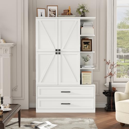 Loomie 66.9\" Farmhouse Kitchen Pantry Cabinet, 5 Drawers Storage Cabinet with 4 Side Shelves & 6 Door Shelves, Freestanding Hutch with Doors, Buffet Sideboard, Cupboard for Dining Room, White (White) - Thumbnail 4
