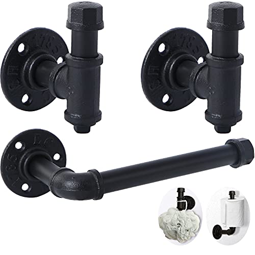 3 Pack Industrial Pipe Bathroom Hardware Accessories Set, Include 2 Robe Coat Towel Hook And 1 Toilet Paper Holder For Hanging. 1/2" Inch Threaded Wall Mounted Rustic Decor Accessories Kit (Black) #TOP17