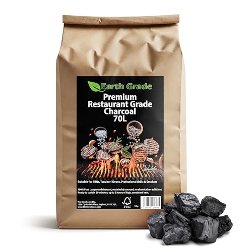 Carbone di alta qualità da ristorante, 70 l, legno di legno di lunga durata, illuminazione rapida, bassa cenere, alta potenza di calore, compatibile con barbecue, grill, affumicatore e Kamado, 100%