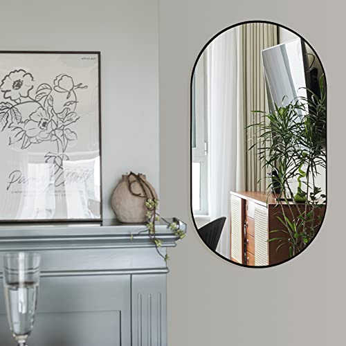 Black Oval Bathroom Mirror,17''X30'' Vanity Wall Mirror, Aluminum Thin Framed Mirror For Bathroom,Decorative Pill Shaped Mirror,Pre-Install Hooks,Durable Wood Backboard,Vertical & Horizontal Hanging #TOP3
