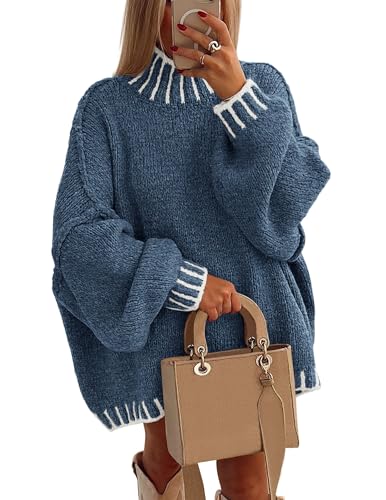 Image of PRETTYGARDEN Women's Winter Oversized Pullover Sweaters Long Sleeve Mock Neck Chunky Knit Slouchy Jumper Tops, Grey Blue, XS