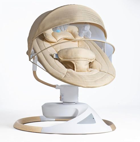 BEBE2LUXE EMY: Babywippe/elektrische Babywippe, Holzoptik, natürliche Schaukelbewegung, um 360° drehbar, Bluetooth, Fernbedienung (beige)