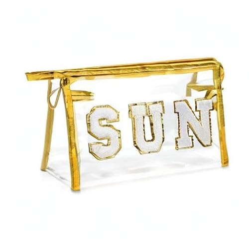 Y1tvei Gold SUN Preppy Patch Varsity Letter Cosmetic Toiletry Bag Transparent PVC Zipper Swimming Pool Makeup Bag Daily Use Clutch Purse Portable Waterproof Travel Organizer Bag for Women Girls Teens - Thumbnail 6
