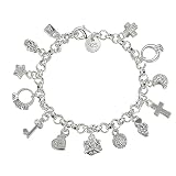 925 Sterling Silver Charm Bracelet for Women, Dainty Link Chain Bracelet with Multi-Pendants (Heart, Moon, Star, Cross), Elegant Jewellery Present for Ladies Teen Girls Mum