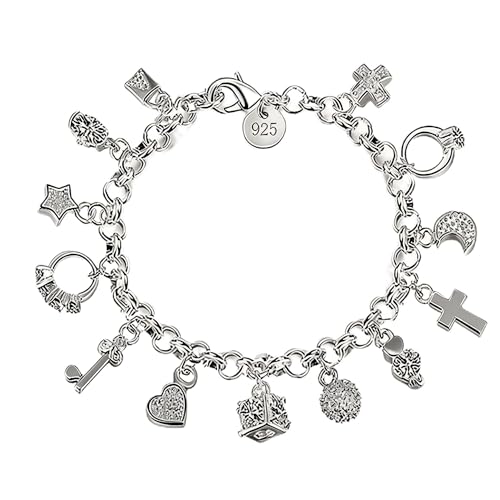 Image of 925 Sterling Silver Charm Bracelet for Women, Dainty Link Chain Bracelet with Multi-Pendants (Heart, Moon, Star, Cross), Elegant Jewellery Present for Ladies Teen Girls Mum