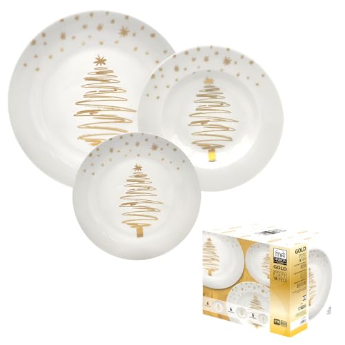Ma Maison Servizio Piatti XMAS Gold in Porcellana - 6 Persone, Idea Regalo, Lavastoviglie, Feste, 6 Fondi, 6 Piatti, 6 Frutta, Natale, Eleganti, con Albero - Set 18PZ