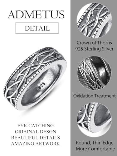 ADMETUS 925 Sterling Silver Crown of Thorns Rings Jesus Thorn Crown Band Rings for Men Thorn Ring Jewelry Gifts for Men Ring Size 5-152