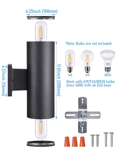 Image of LEONLITE 2-Pack 12 inch Outdoor Cylinder Wall Light, Up and Down, E26 Base | Modern Porch Patio Lights, Waterproof Wall Sconce, Exterior Light Fixture Wall Mount, Aluminum, Matte Black, ETL Listed