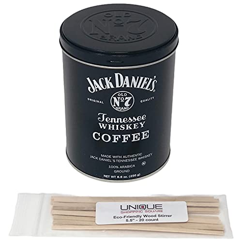 Lara's Gourmet Passions Jack Daniels Coffee (8.8 oz 250g) bundled with complimentary 20-count Eco-Friendly Wood Stirrers - 100 Arabica Medium Roasted Gourmet Ground Kosher Collectable Tin Can