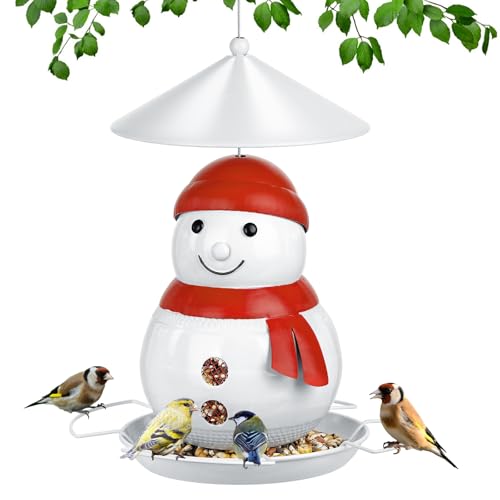 IWNTWY Bird Feeder for Outdoor Hanging, Heavy Duty Metal Wild Bird Feeder with Squirrel Proof Baffle for Outside Hanging, Large Capacity Birdfeeder Garden Yard Decoration, Cute Snowman Shaped