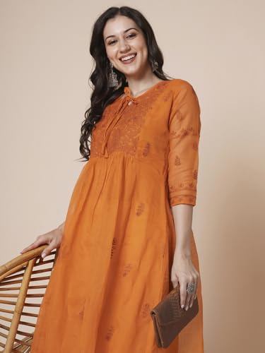 Image of RATAN Women's Muga Cotton Flared Lucknowi Chikankari Ethnic Wear Kurta