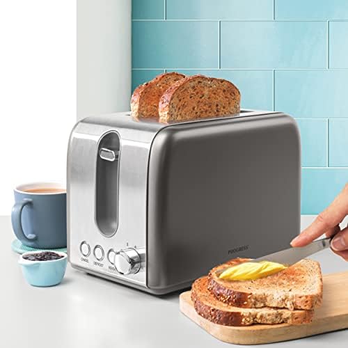 Progress EK4765P Lunar 2 Slice Toaster, Defrost, Reheat and Cancel Functions, 6 Levels of Browning, Wide Toasting Slots, Removable Crumb Tray, 1050 W, Stainless Steel, Silver