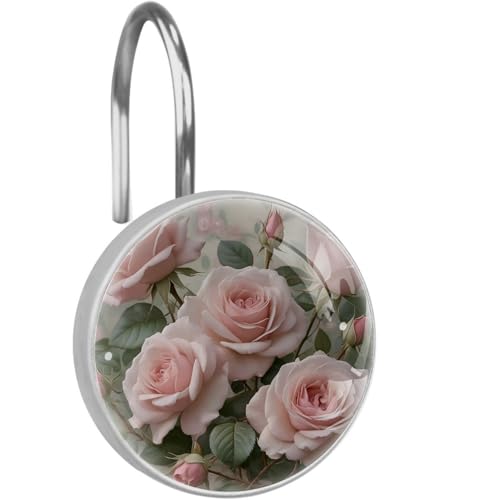Pink Rose Flowers Shower Curtain Hooks for Curtains Rods, Crystal