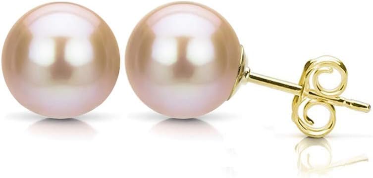 Pink Freshwater Cultured Pearl Earrings 14K Yellow Gold Studs for 7-7.5mm