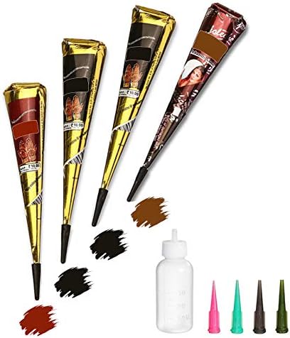 Temporary Tattoo Set, 4Pcs Cones with Three Colors, 20Pcs Adhesive Stencil, 1Pcs Bottle, 4Pcs Nozzles