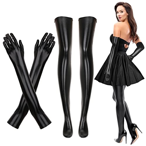 Ensemble de costume sexy pour femme en cuir verni noir avec bas montants et élasthanne élastique noir brillant, gants longs en cuir verni pour fête de Noël, style années 1920 pour femme
