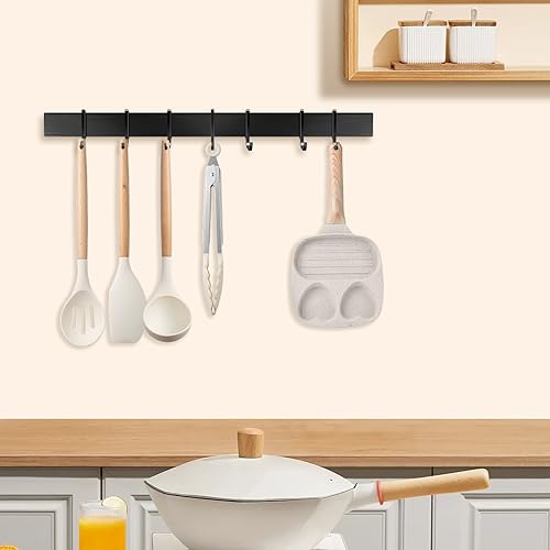 Miniatura 6 de Soporte Para Utensilios De Cocina Sin Taladro, Barra De Herramientas De Cocina Con 7 Ganchos Móviles, Soporte De Utensilios De Cocina Adhesivo, Alumini,Negro