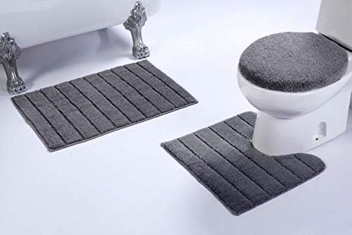 Luxury Home Collection 3 Piece Microfiber Bathroom Rug Set Non-Slip Bathroom Rug Contour, Mat and Toilet Lid Cover #670 (Gray, 3 PCE Set)
