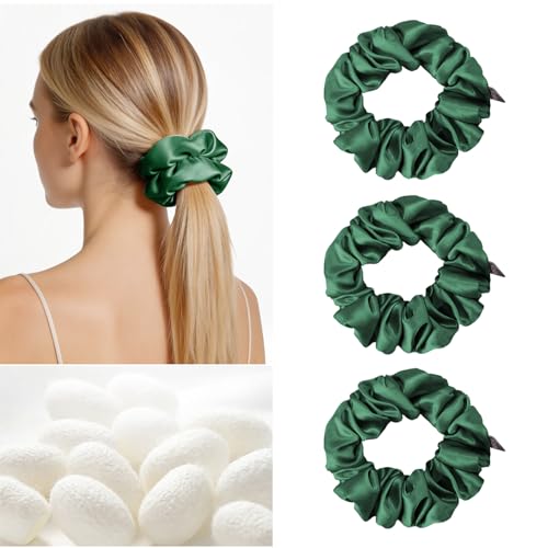 Image of THXSILK 100% Mulberry Silk Chunky Scrunchies 3-Pack, 25 Momme Mulberry Silk Hair Ties for Women, Thick Voluminous No Damage Hair Ties, Ponytail Holders for All Hair Types, Emerald Green
