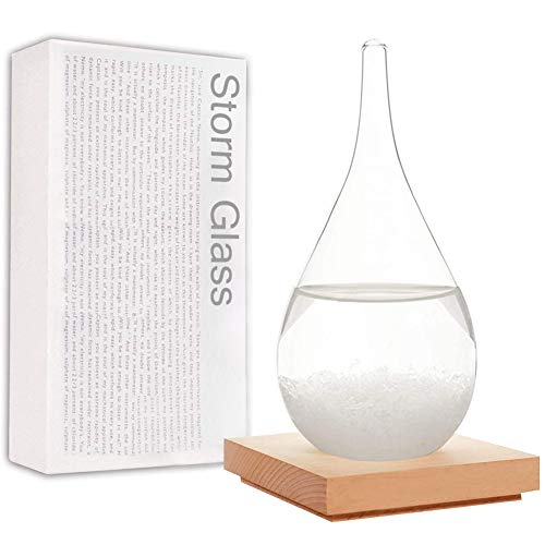 Storm Glass Weather Station Weather Forecaster, Drop-Shaped Glass Weather Forecast Barometers with Wooden Base, Weather Stations Glass Bottles for Home and Office