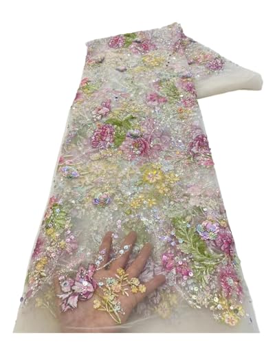 1 Yards Sequins Beads Lace Fabric 3D Flower Mesh Tulle Embroidery Wedding Bridal Material for Sewing Wedding Party Dress(Color03)
