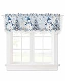 Blue Christmas Coastal Valance Curtains for Window/Kitchen/Bathroom/Café, Snowman Winter Tree Coral Floral Lace Ruffle Short Curtains Sheer Window Topper Treatment Scalloped Curtains Panel 42''x12''