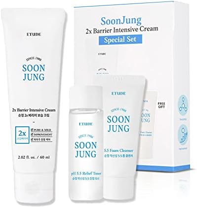 Etude House Soonjung 2x Barrier Intense Cream Set | 2x Barrier Intensive Cream 2.02fl.oz + Ph 5.5 Relief Toner 0.85 Fl.oz. + Foam Cleanser 0.68 Fl.oz. | Oil And Water Balance Skin Care Moisturizing Cream