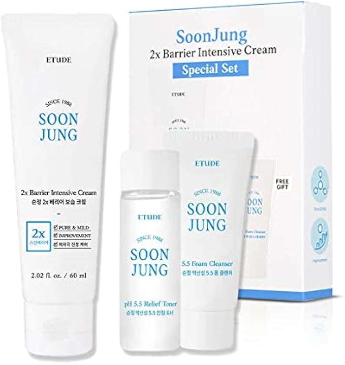 ETUDE Soonjung 2x Barrier Intense Cream Set | 2x Barrier Intensive Cream 2.02fl.oz + Ph 5.5 Relief Toner 0.85 Fl.oz. + Foam Cleanser 0.68 Fl.oz. | Oil And Water Balance Skin Care Moisturizing Cream
