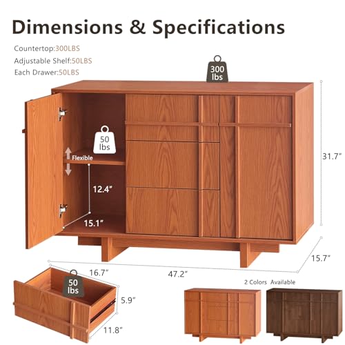 Image of Sideboard Buffet Cabinet with Storage, 47.2 inch Large Sideboard with 2 Doors & 3 Drawers, Mid Century Modern Credenza with Skeleton Line&Wood Grain for Living Room, Kitchen and Entryway, Cherry
