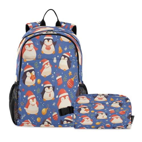 Sac à dos Père Noël et pingouins avec sac à déjeuner pour écoliers