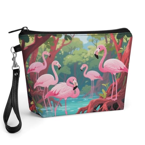 Bolsa de maquillaje de piel sintética con cremallera y diseño de flamencos para cosméticos