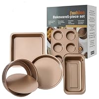 Baking Pans Nonstick Set, Bakeware Sets with Round Square Cake Pan, Muffin Pan, Loaf Pan, Roast Pan, Baking Sheets for Oven, Kitchen Cookware Sets Baking Supplies 5-Piece, Gold