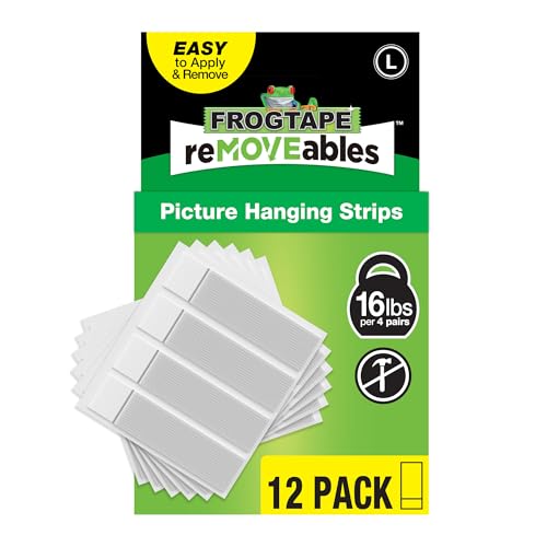 Image of FrogTape reMOVEables Large Picture Hanging Strips - 12 Pairs - 16lbs per 4 Pairs - Damage-Free Removeable Adhesive Wall Strips Picture Hangers for Mounting Frames, Canvas, Home Decor White (24 Pieces)