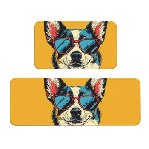 Tapetes de cocina lavables y alfombras antideslizantes azul con diseño de perro 2