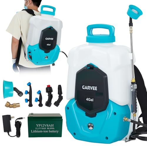 Garvee 4 Gallons Battery Powered Backpack Sprayer, 12V 8Ah Electric Sprayer with 6 Nozzles & 2 Wands, 4-6 Hour Runtime, 90PSI Adjustable Pressure, Trigger Lock, Yard Sprayers for Lawn and Garden