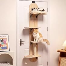 PETSITE Door Mounted Cat Tree, 58.5-61.5 Inches Height Adjustable Hanging Cat Climber with Scratching Post, Detachable Scratching Mats, and Comfy Plush Cat Bed Natural