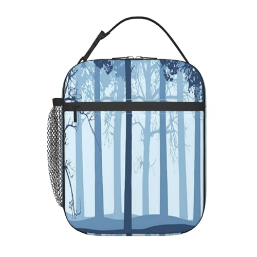 ポータブル断熱ランチバッグ。防水性と漏れ防止性を備え、スタイリッシュで丈夫。仕事、学校、アウトドア活動に最適です。男性にも女性にも適しています。(霧の森の枝に青い木の幹と枝の抽象画)