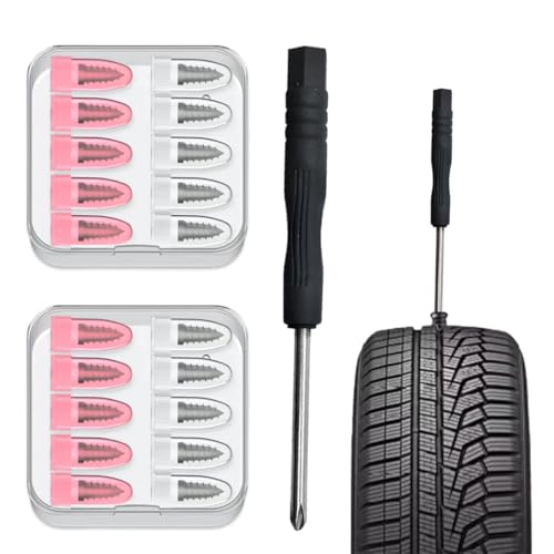 YUVKIN 20 Pezzi Kit Riparazione Pneumatici Auto, Set Riparazione Cerchioni con Cacciavite, Kit Tubeless per Forature per Auto Moto Bicicletta (10S + 10L)