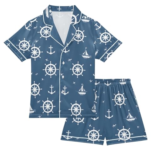 ALAZA Blue Nautical Anchor Pajamas Satin Pajama Set Short Sleeve Button Down Sleepwear