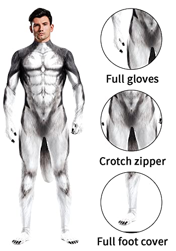 Image of Animal Full Bodysuit for Men Muscle Spandex Jumpsuit Furry Costume with Big Tail for Adult Cosplay Halloween Party
