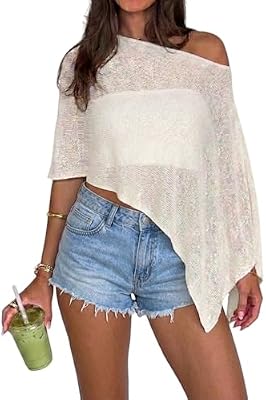 Women's Lightweight Knit Sheer Poncho Top - Asymmetrical Beach Swim Cover Up & Vacation Outfit - Cre...