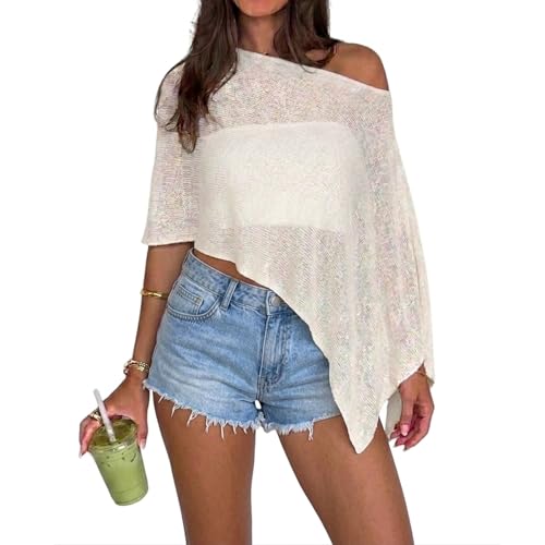 Hxfhxy - Women's Lightweight Knit Sheer Poncho Top - Asymmetrical Beach Swim Cover Up & Vacation Outfit - Cream (23% Off Amazon Deal)